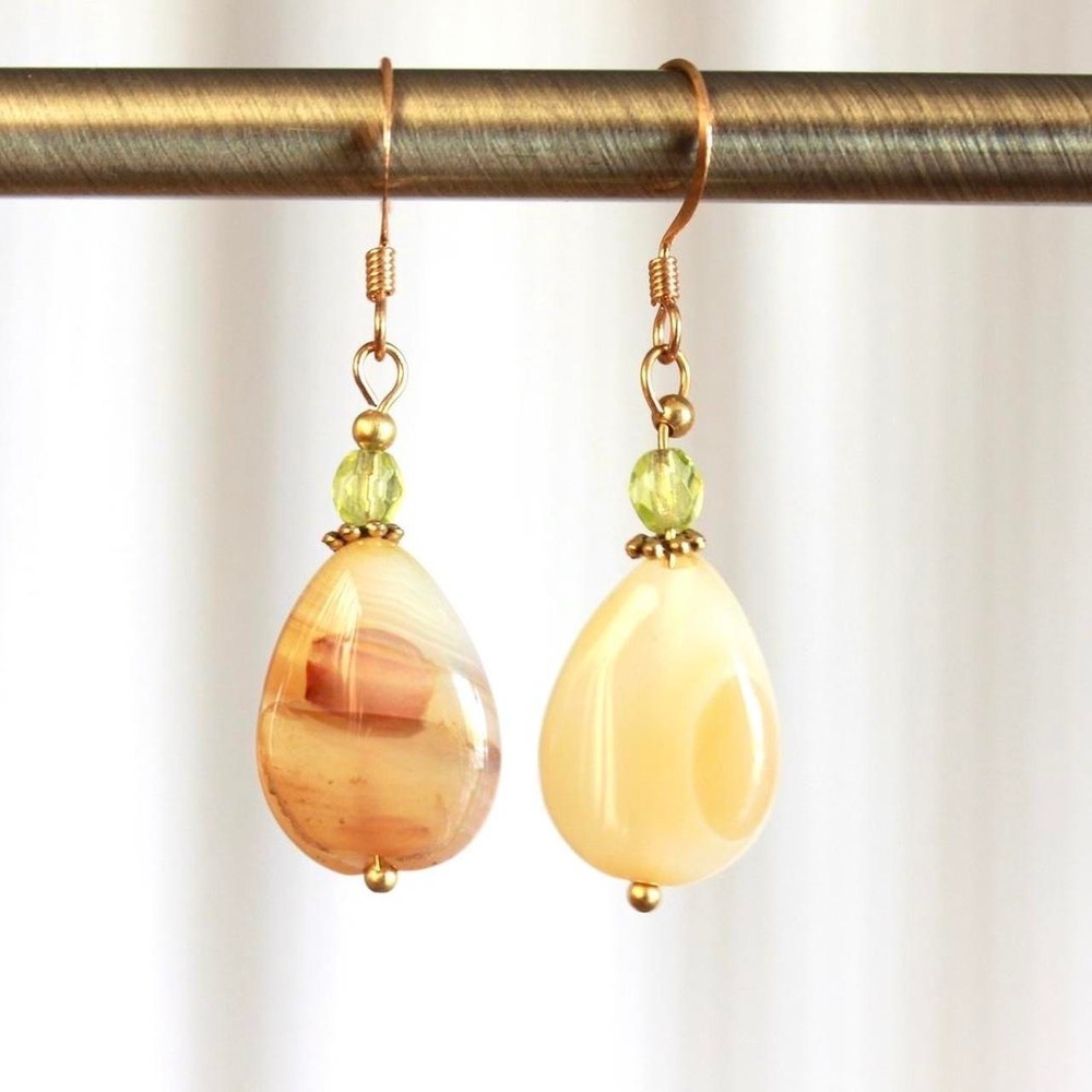 Handmade Yellow‎ Banded Agate Gemstone Drop Earrings Boho Bohemian Cottage Fairy